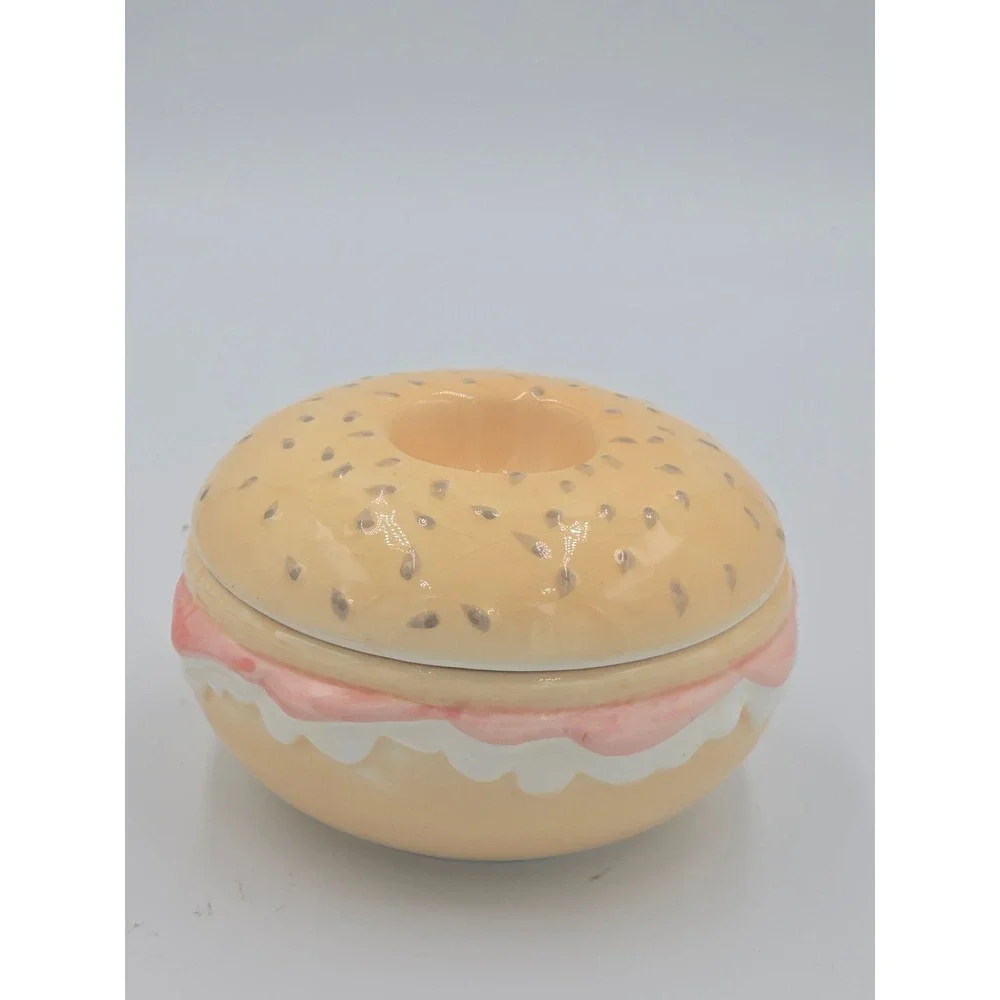 Vintage Ceramic Bagel Sandwich Trinket Box Lidded Dish Kitsch Y2K Fake Food